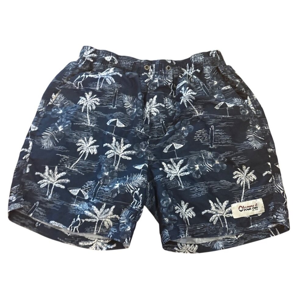 Okanui Shorts Mens Med Tropical Navy White Palm Trees Hawaiian Beach Resort